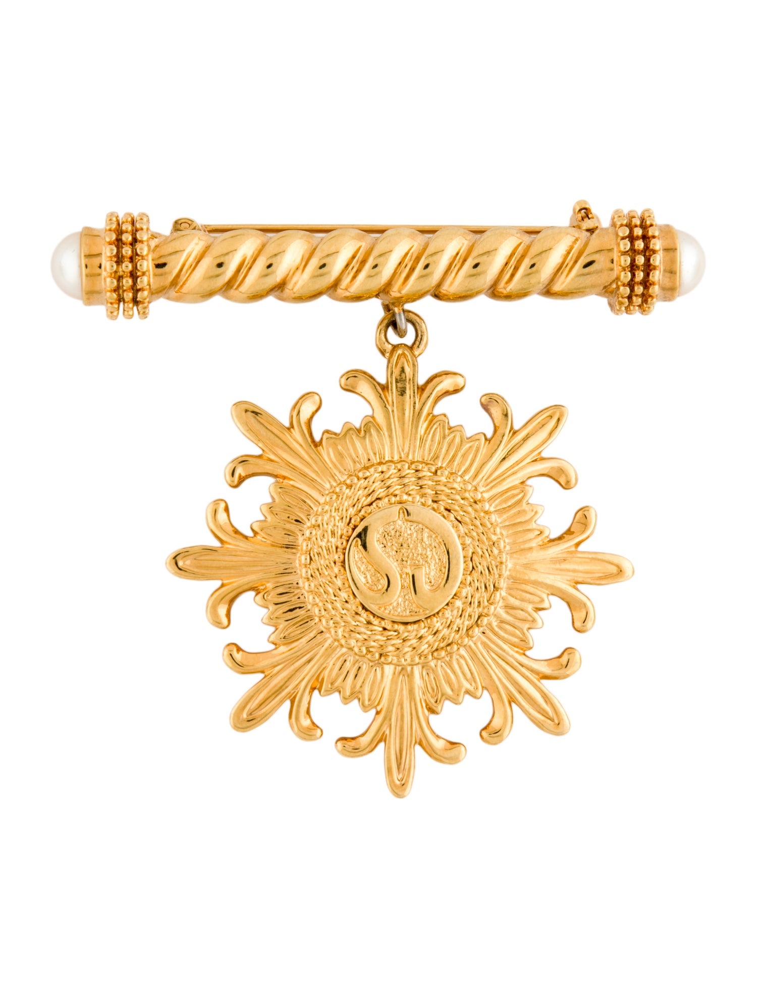 St. John Faux Pearl Logo Crest Dangle Brooch Pin