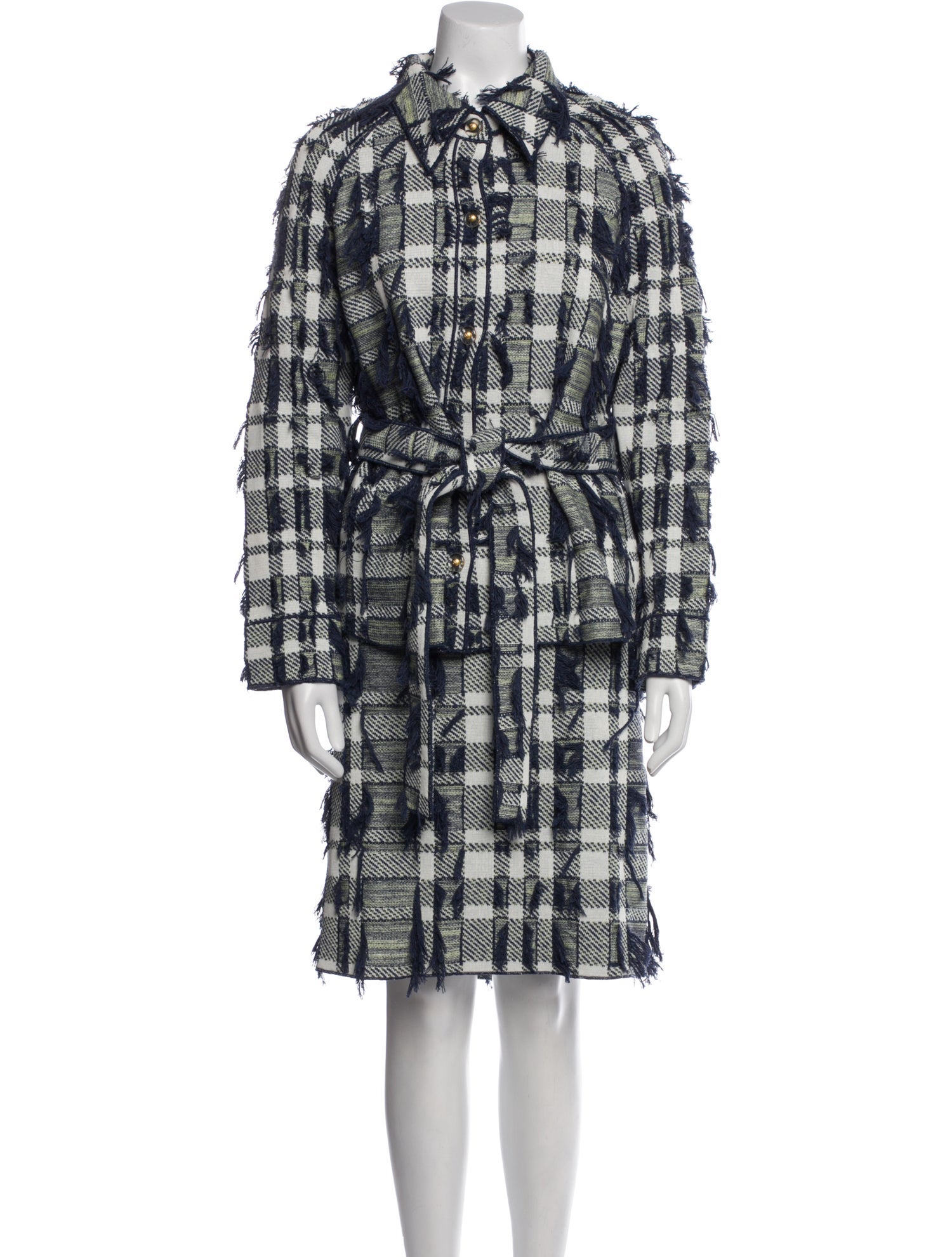 St. John Plaid Print Fringe Trim Accent Skirt Set