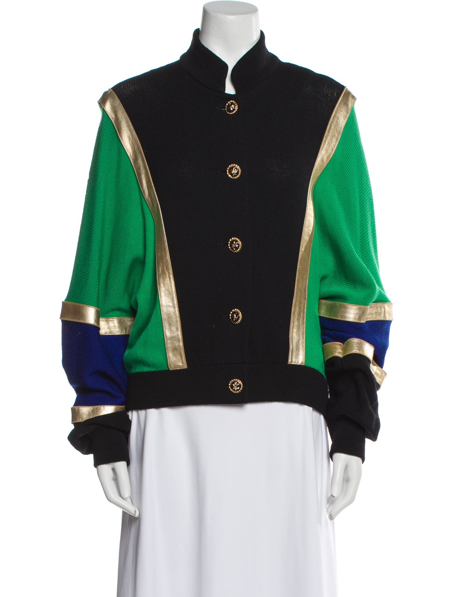 St. John Leather Colorblock Pattern Bomber Jacket