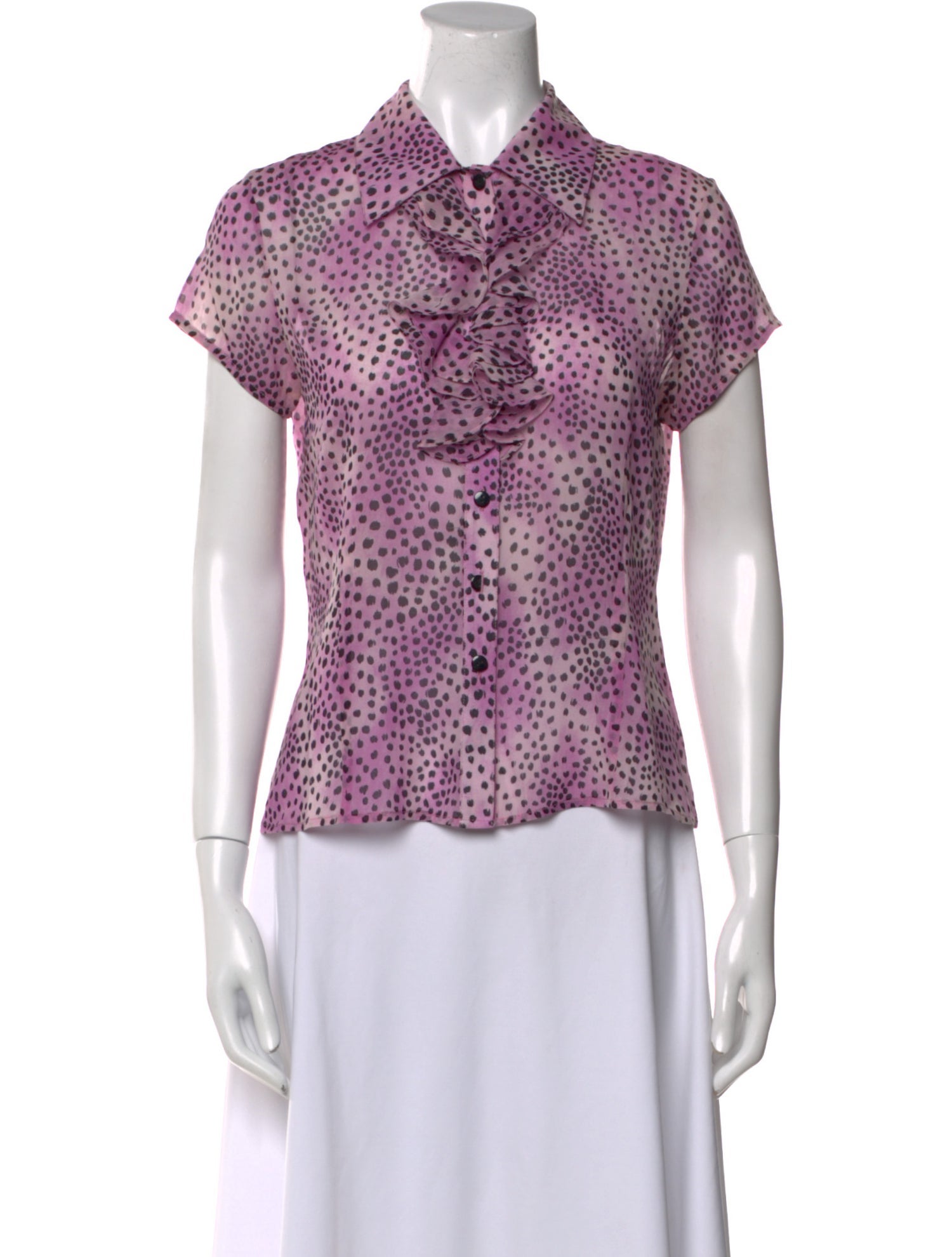 St. John Polka Dot Print Short Sleeve Button-Up Top