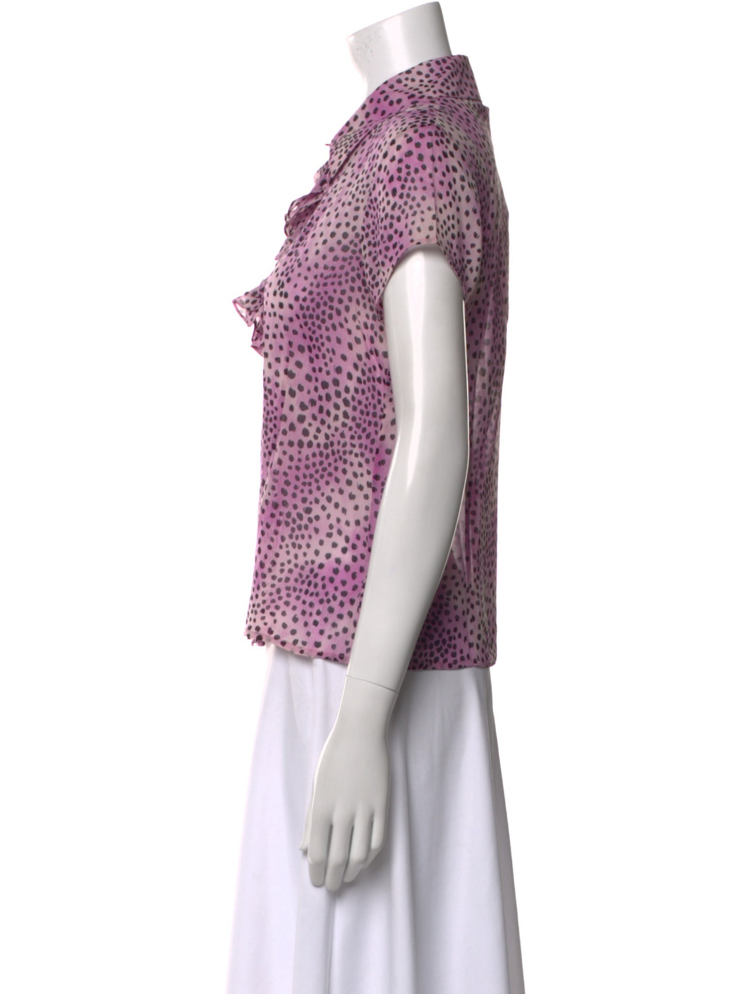 St. John Polka Dot Print Short Sleeve Button-Up Top