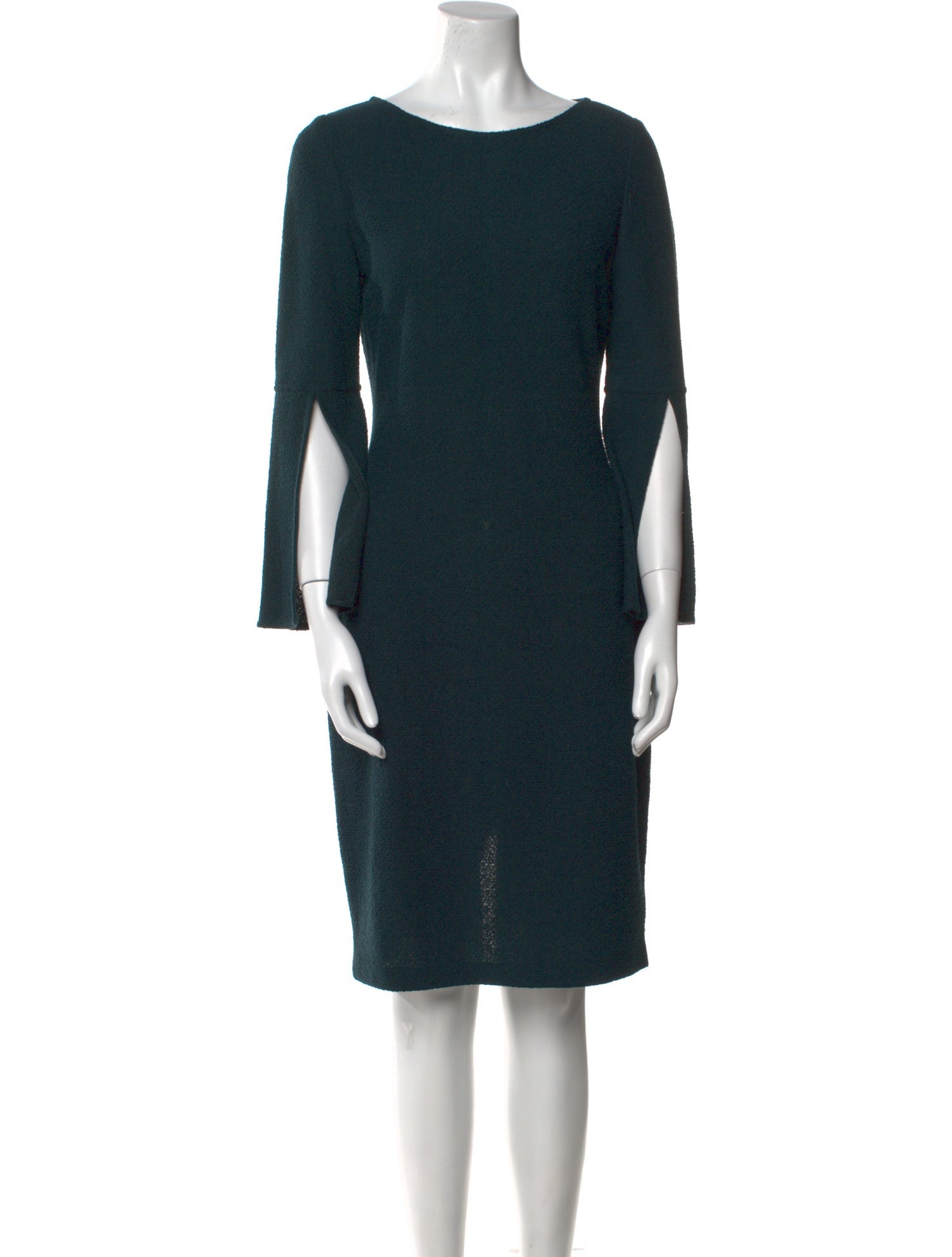 slim fit dress slacks Vintage St. John turquoise green wool knit dress with brown trim main image 1