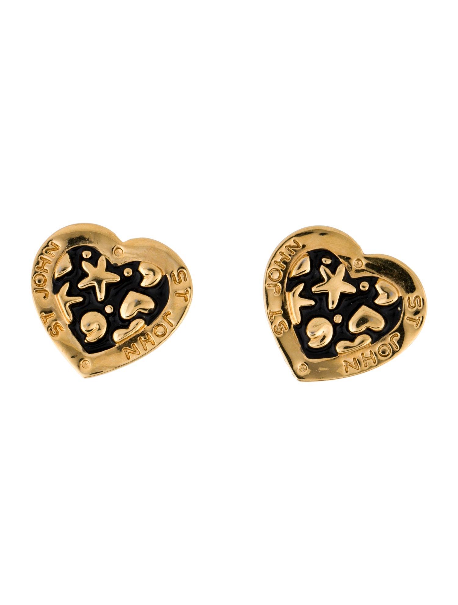St. John Vintage Enamel Heart Stud Clip-On Earrings
