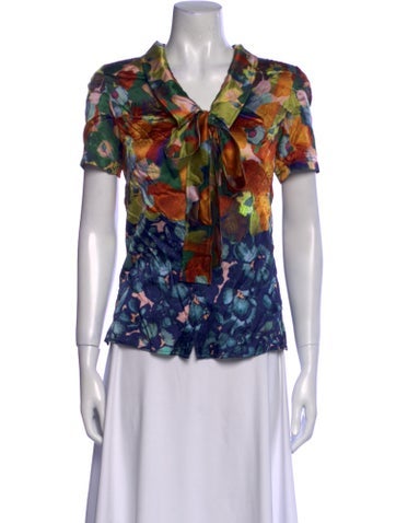 Pre-owned St John Silk Floral Print Blouse In Blue