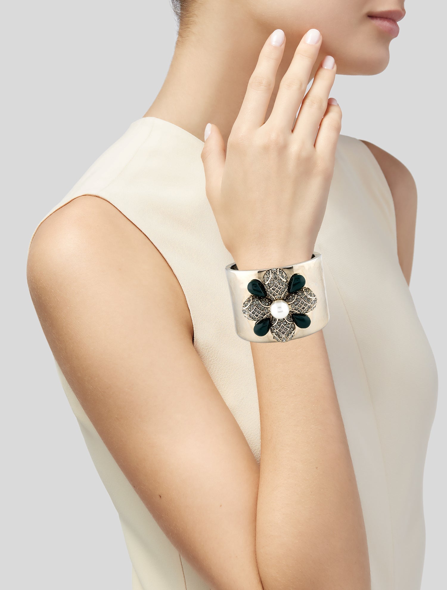 St. John Faux Pearl Resin And Crystal Hinged Bracelet