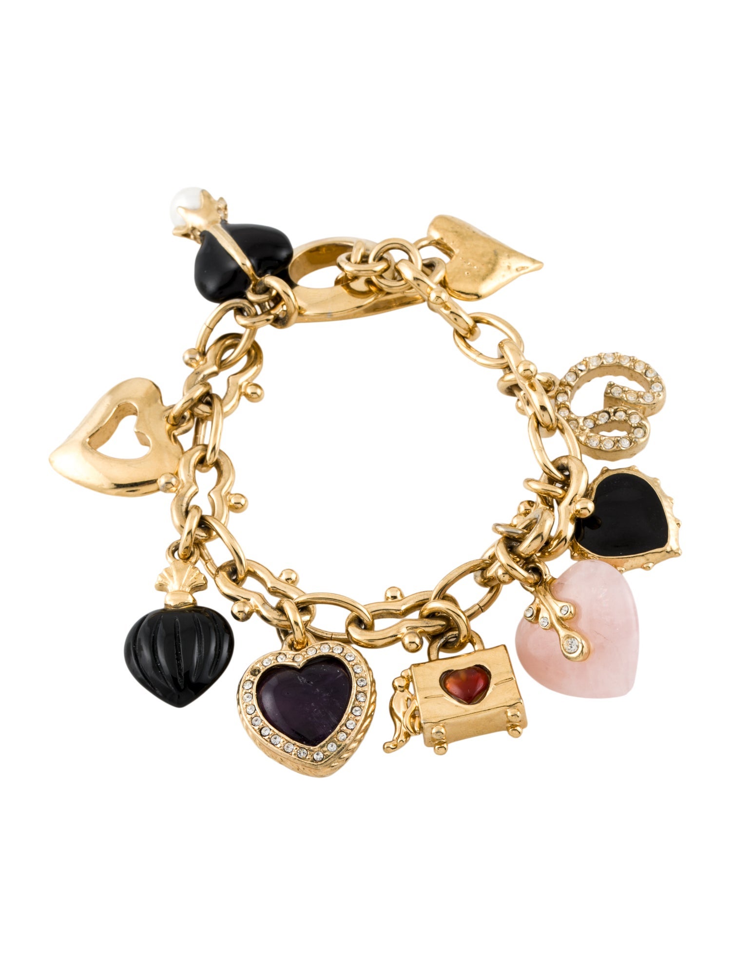 St. John Crystal, Enamel, Resin, Pink Stone And Faux Pearl Charm Bracelet