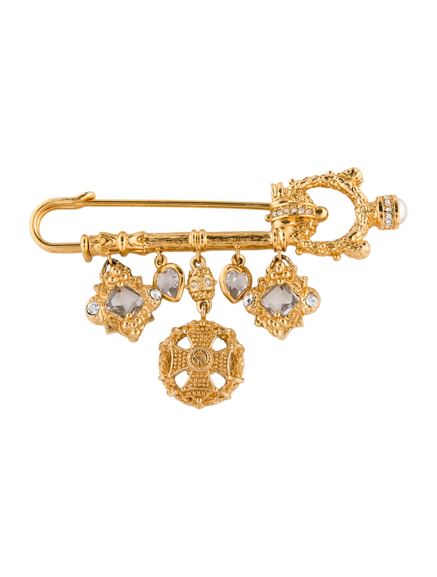 St. John Faux Pearl & Crystal Safety Pin Brooch
