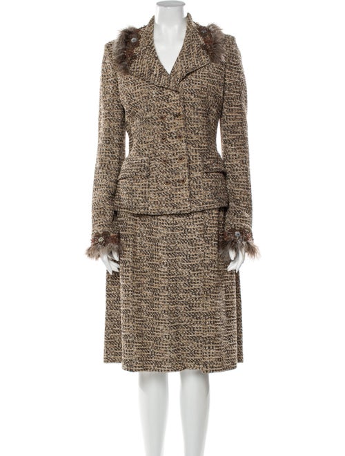 St. John Tweed Pattern Feather Trim Skirt Suit