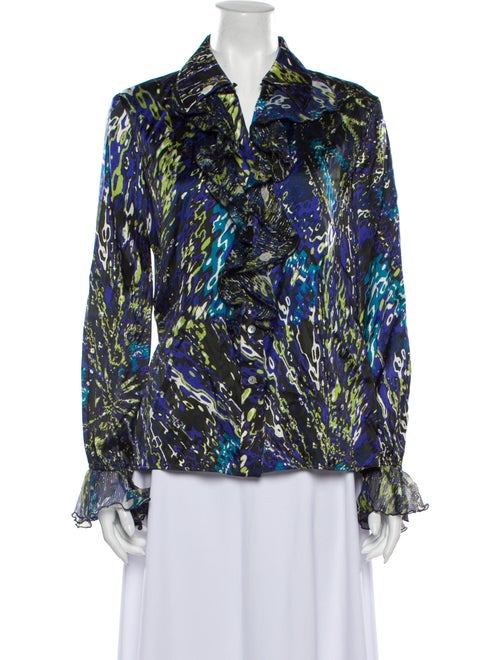 St. John Silk Printed Button-Up Top Blue