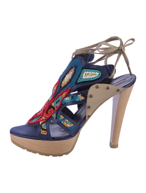Stella McCartney Colorblock Pattern Beaded Accents T-Strap Sandals