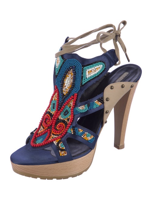 Stella McCartney Colorblock Pattern Beaded Accents T-Strap Sandals