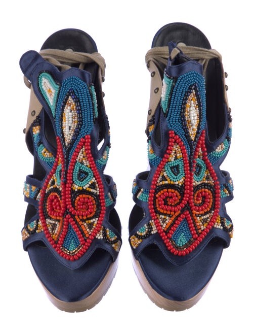 Stella McCartney Colorblock Pattern Beaded Accents T-Strap Sandals