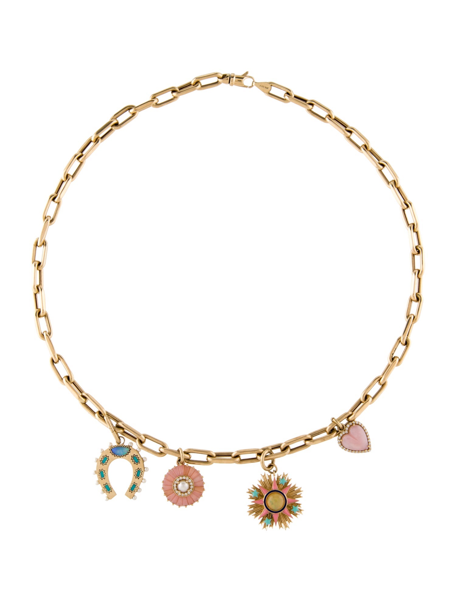 Storrow 14K Opal, Turquoise & Diamond Multi-Charm w/14K Unbranded Chain Necklace