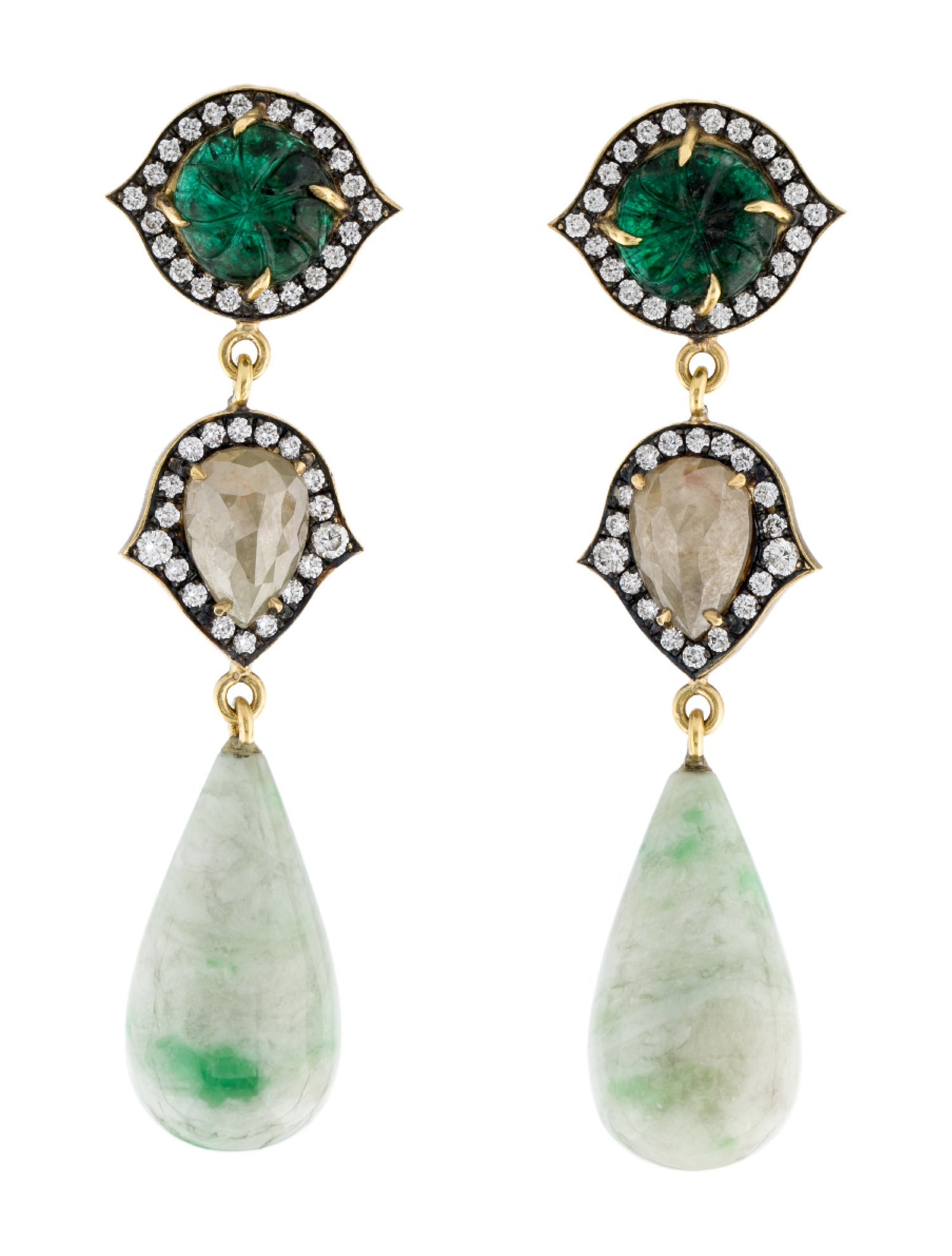 Sylva & Cie 18K Emerald, Jadeite & Diamond Drop Earrings