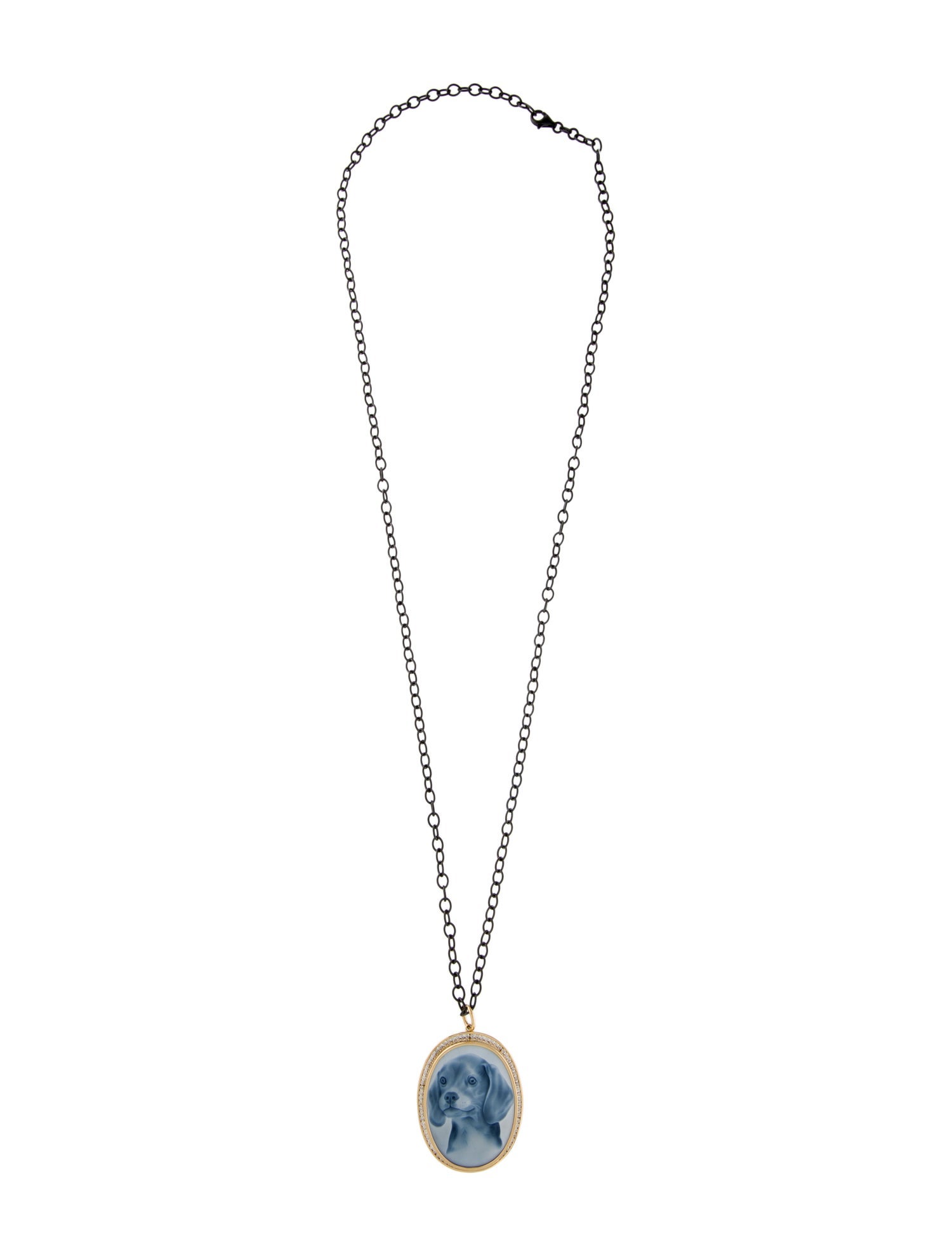 Syna 1.10ctw Diamond & Onyx Puppy Cameo Pendant Necklcae