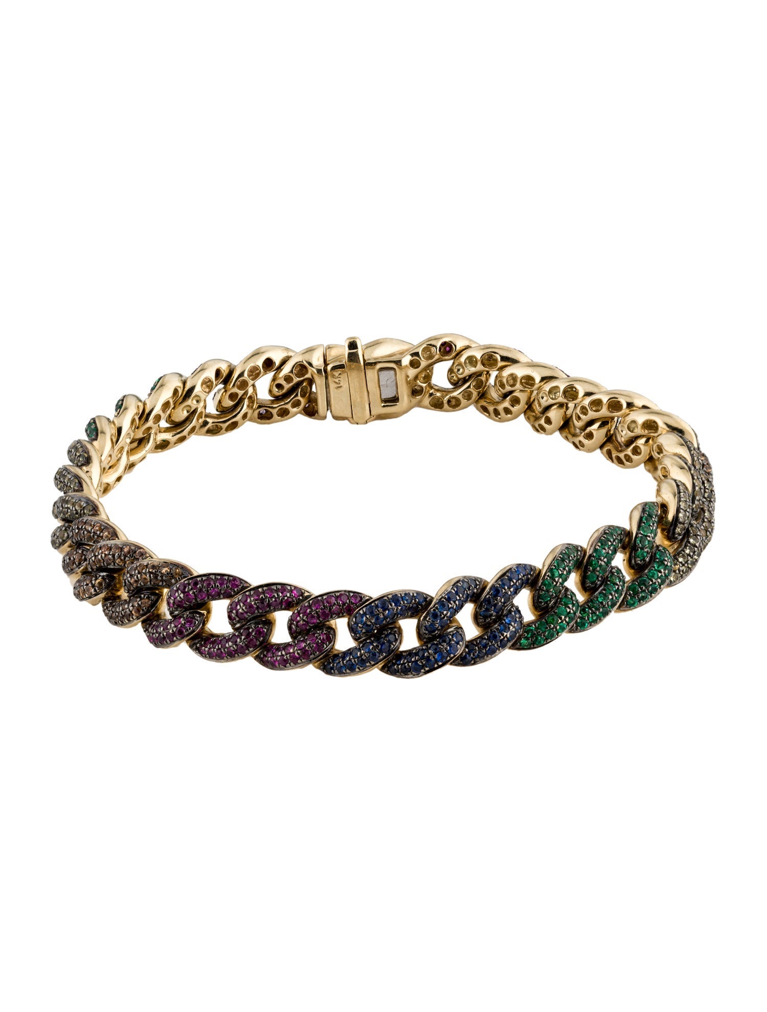 Sydney Evan 14K Sapphire, Ruby, and Emerald Rainbow Pavé Curb Link Bracelet