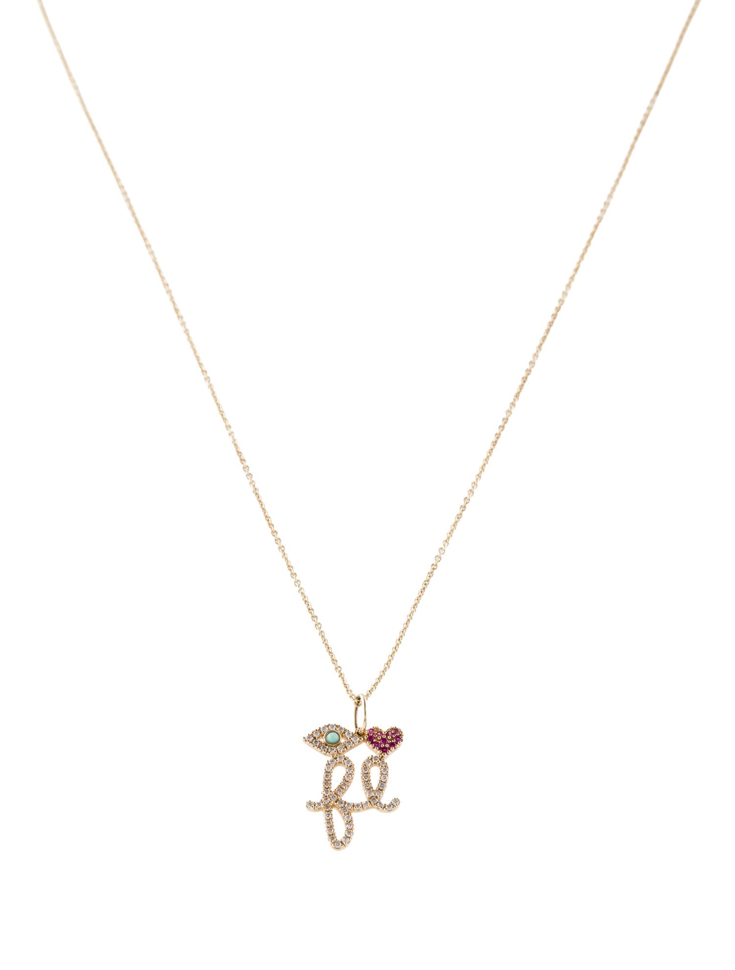 Sydney Evan 14K Diamond, Ruby, & Turquoise "FL" Pendant Necklace