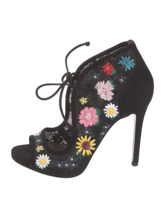 Tabitha Simmons Suede Floral Print T-Strap Sandals