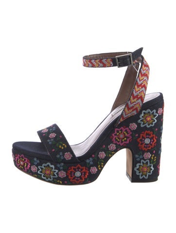 Pre-owned Tabitha Simmons Denim Floral Print Sandals In Blue