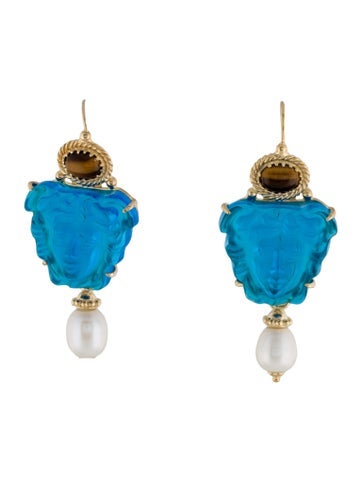 Tagliamonte Drop Tiger Eye & Pearl Venetian Cameo Medusa Earrings 8.50mm-9.00mm