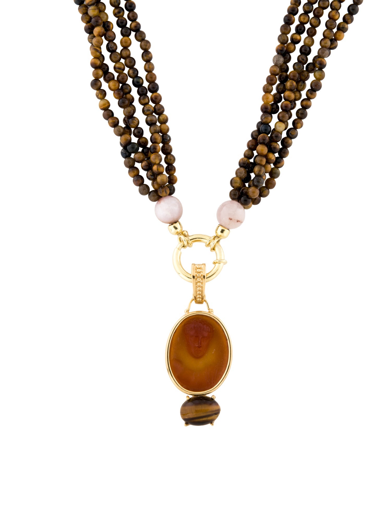 Tagliamonte Tigers Eye & Hawks Eye Quartz , Morganite & Venetian Cameo Multistrand Pendant Necklace