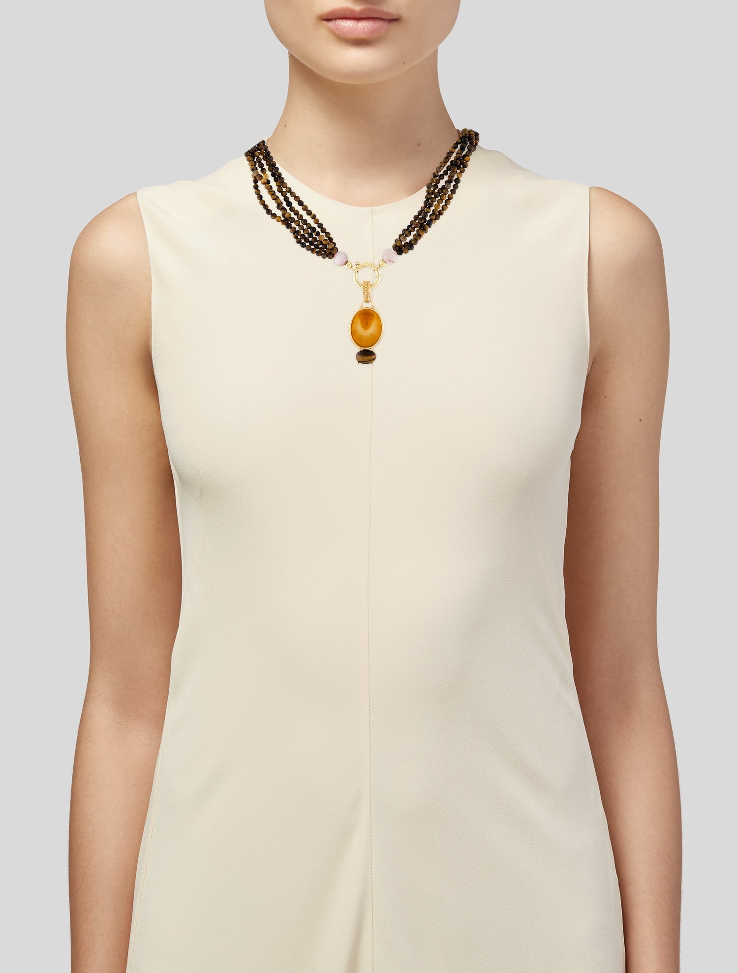 Tagliamonte Tigers Eye & Hawks Eye Quartz , Morganite & Venetian Cameo Multistrand Pendant Necklace