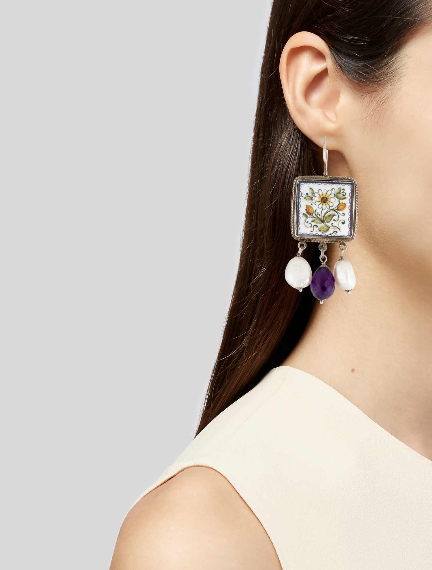 Tagliamonte Pearl,Ceramic & Amethyst Floral Drop Earrings