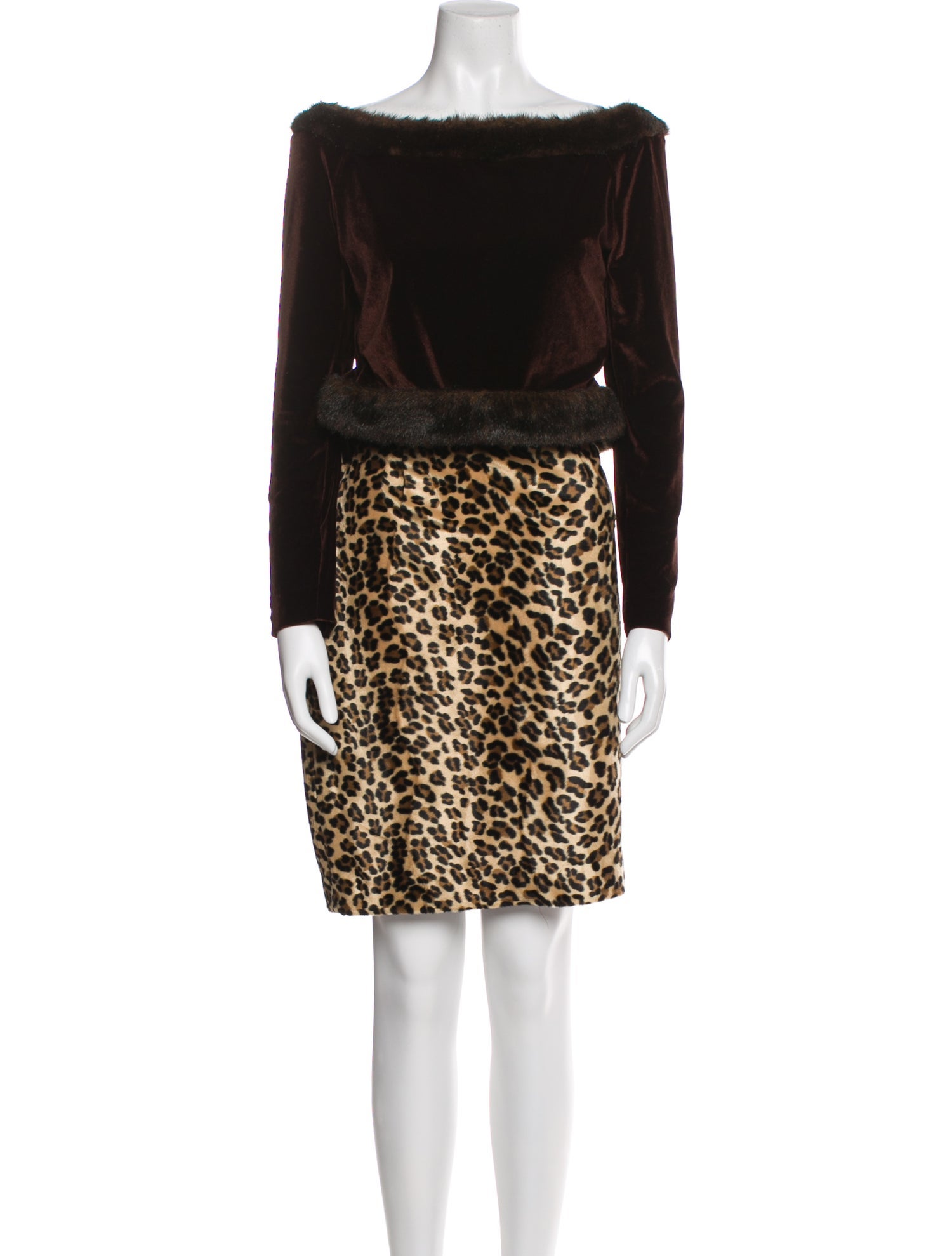 Travilla Animal Print Fur Trim Skirt Set