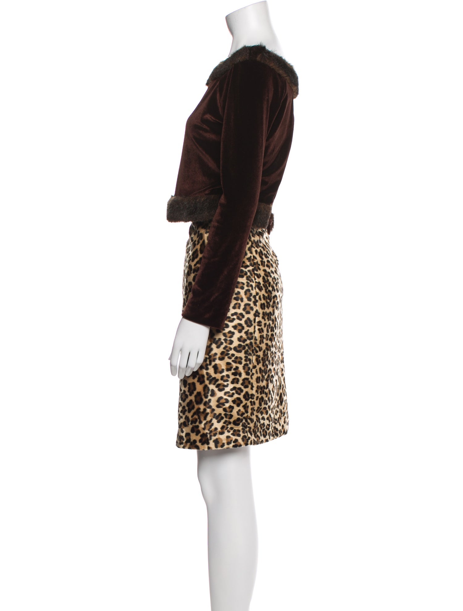 Travilla Animal Print Fur Trim Skirt Set