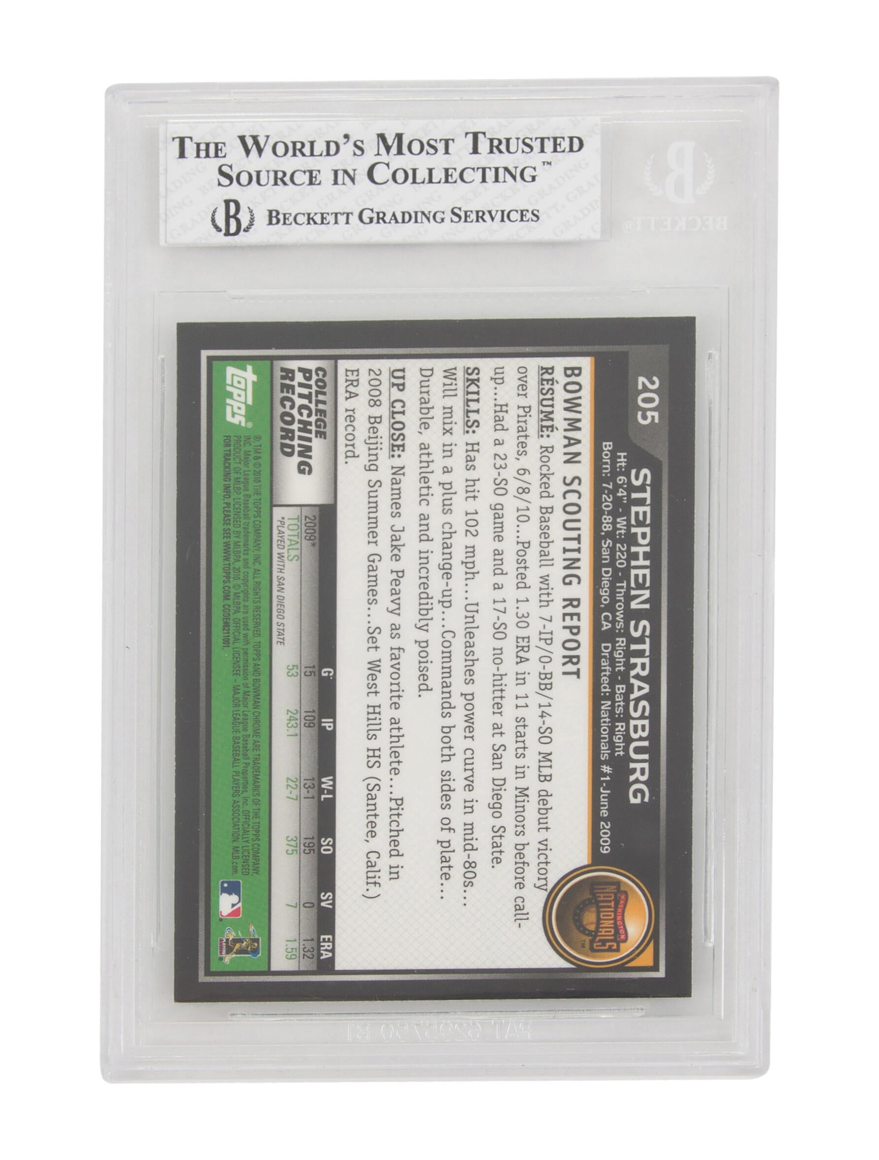 Trading Cards 2010 Bowman Chrome Stephen Strasburg BGS 8 Rookie #205A