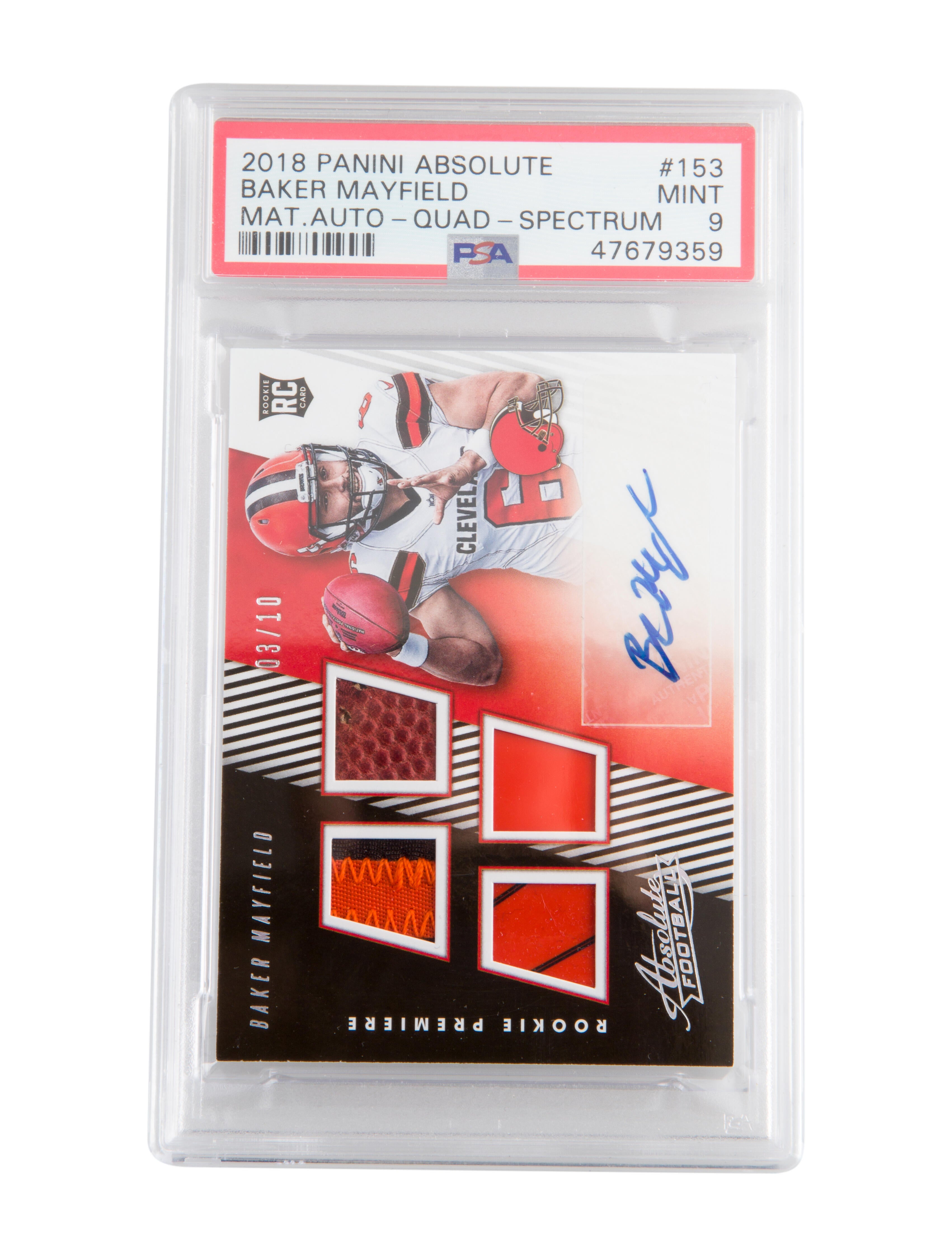 Trading Cards 2018 Panini Absolute Baker Mayfield Material Auto Rookie Quad-Spectrum PSA 9 /10 #153 - POP 1