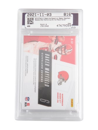 Trading Cards 2018 Panini Absolute Baker Mayfield Material Auto Rookie Quad-Spectrum PSA 9 /10 #153 - POP 1