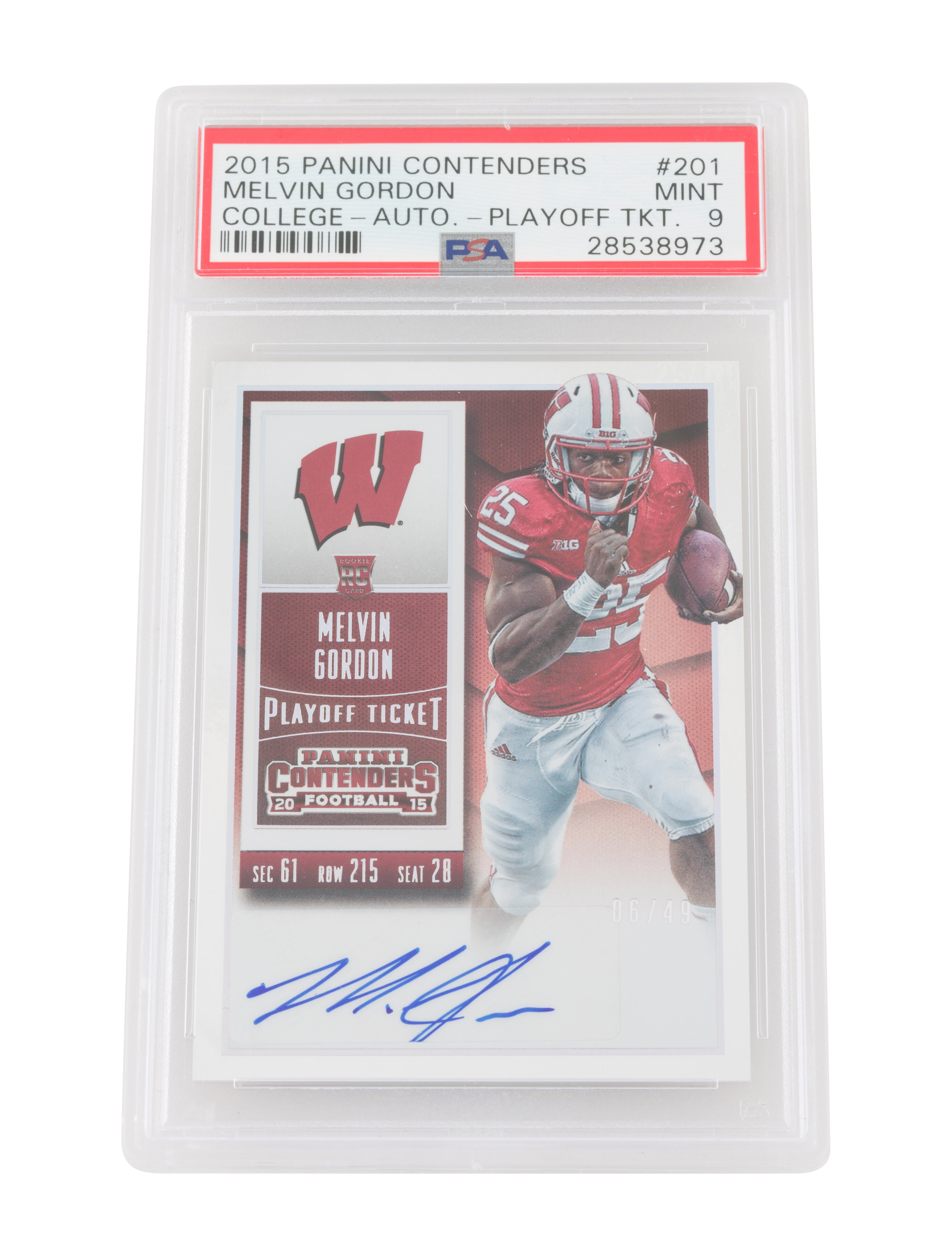Trading Cards 2015 Panini Contenders Melvin Gordon College Auto Rookie Playoff Ticket PSA 9 #201 - POP 2