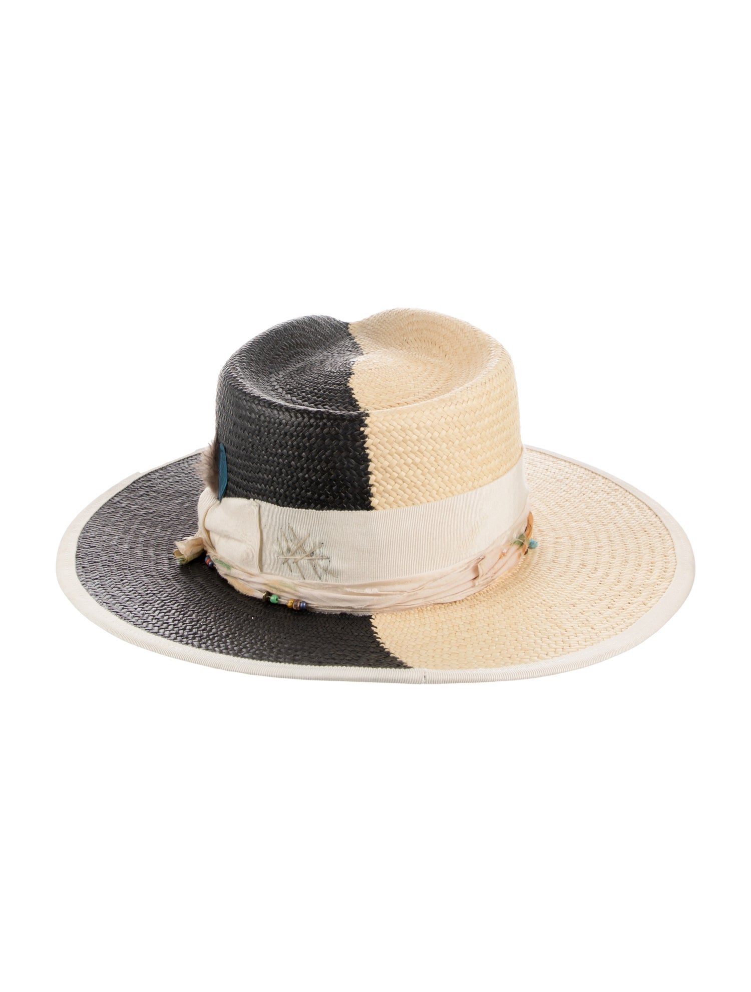 Teressa Foglia Black and Beige Pattern Printed Wide Brim