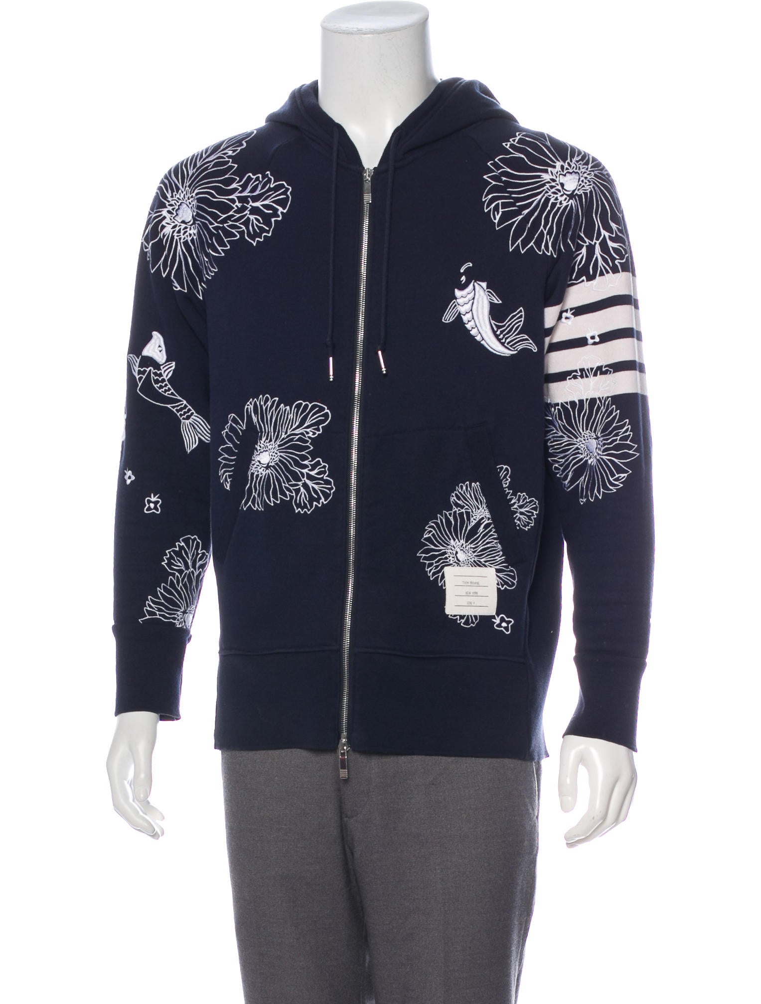 【関税&送料込】Thom Browne Sweatshirt With Embroidery Thom Browne Floral Embroidered Zip Hoodie - Blue Sweatshirts