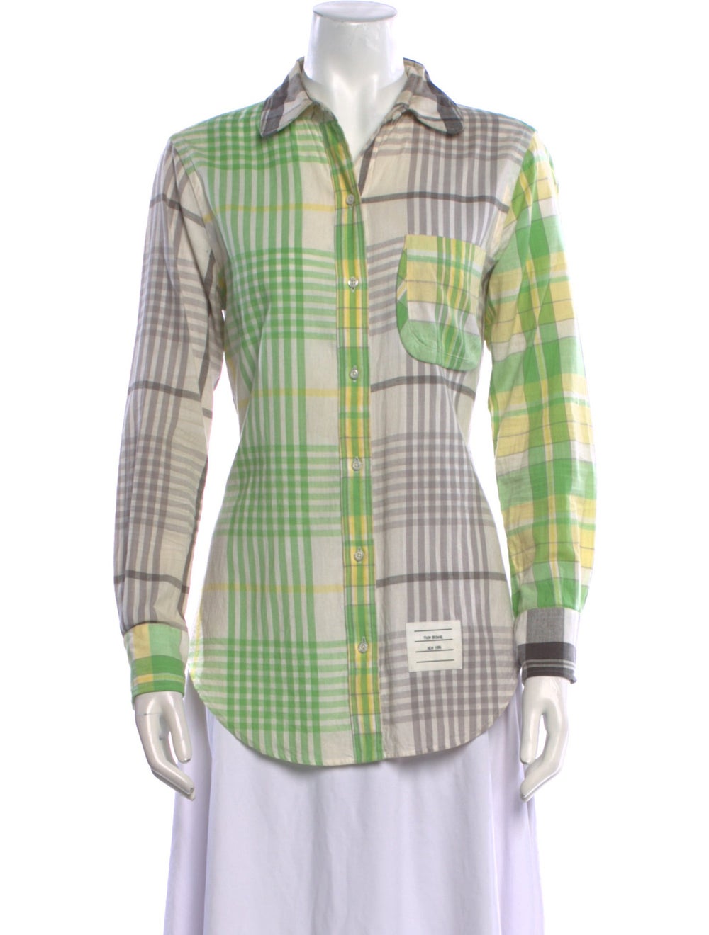 Thom Browne Button-Up Top Green Plaid Print Long … - image 1