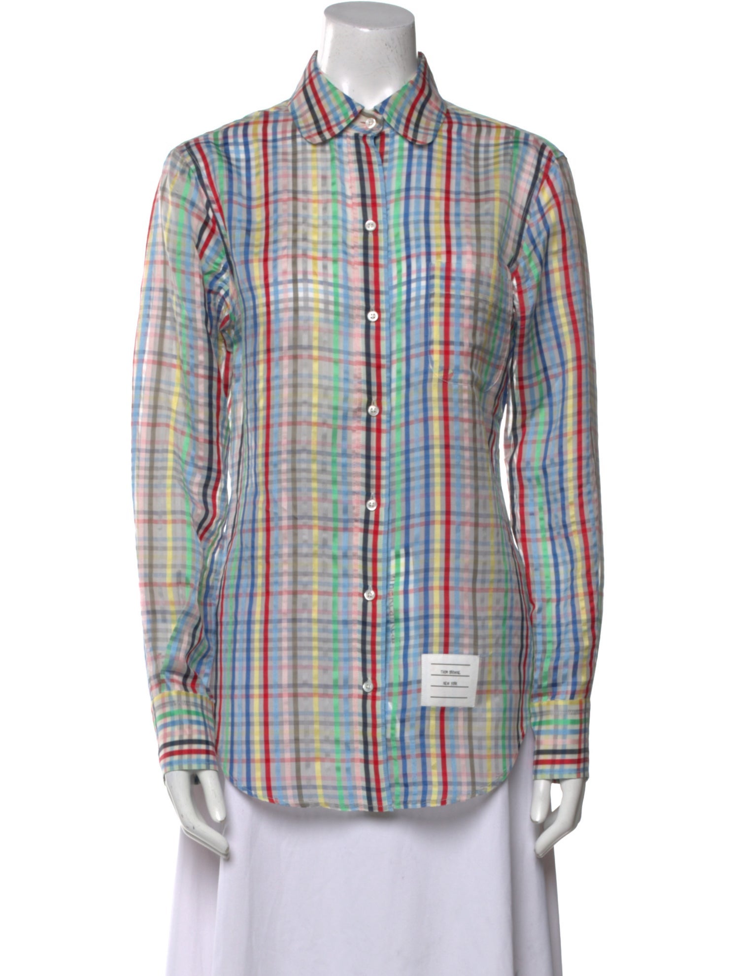 Thom Browne Silk Plaid Print Button-Up Top