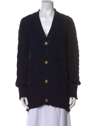 Thom Browne Cable Knit V-Neck Wool Sweater