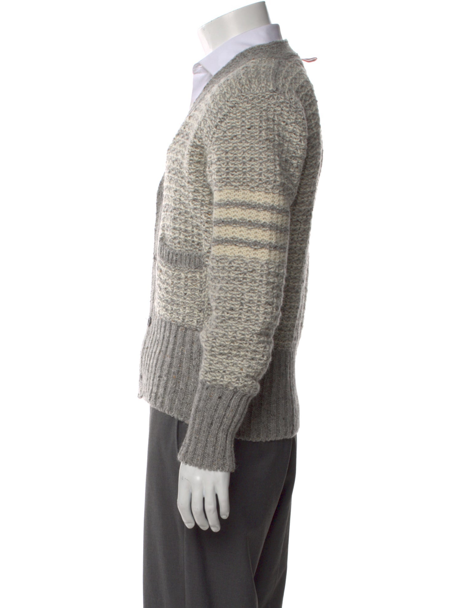 Thom Browne 4 Bar Stripe V-Neck Cardigan - Grey Sweaters  display picture 1