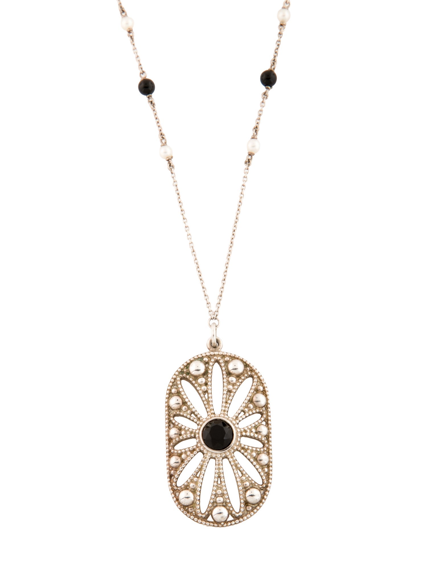 Tiffany & Co. Pearl & Onyx Daisy Pendant Necklace