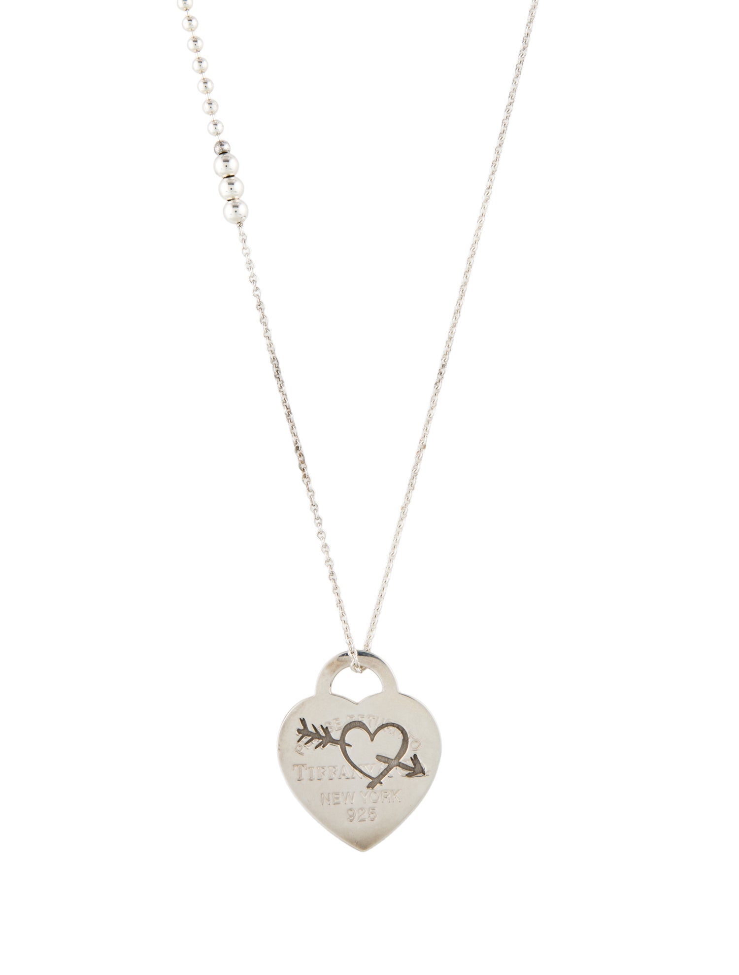 Tiffany & Co. Etched Heart & Arrow Tag Pendant w/ Mixed Bead Chain Necklace