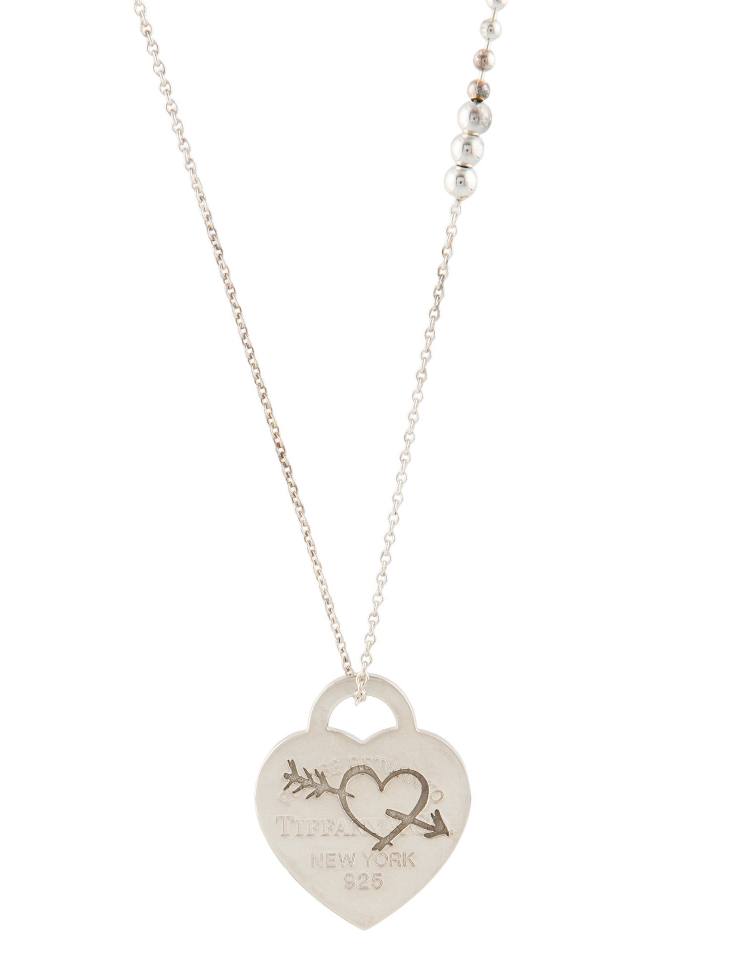 Tiffany & Co. Etched Heart & Arrow Tag Pendant w/ Mixed Bead Chain Necklace
