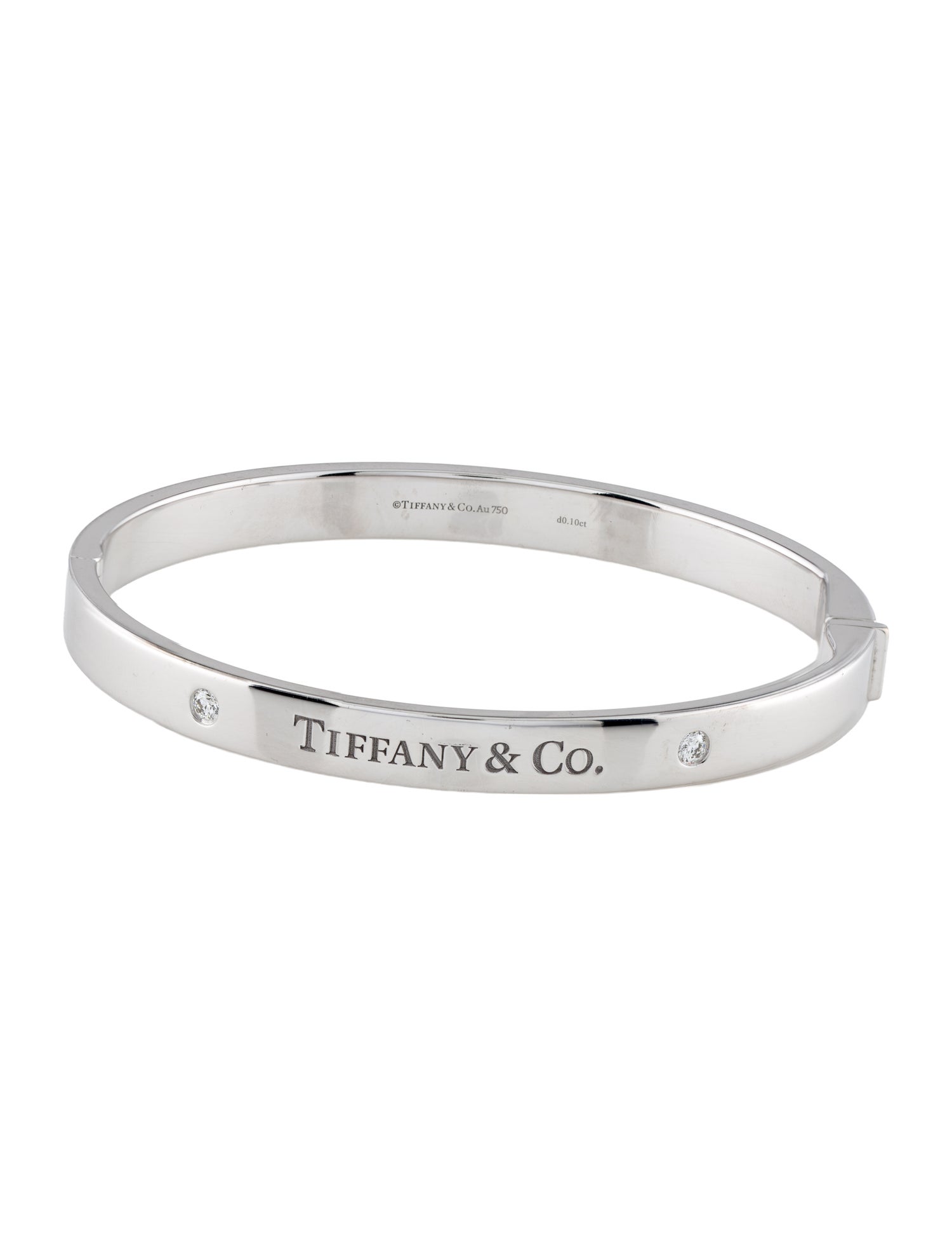 Tiffany & Co. 18K Two Diamond Logo Hinged Bangle Bracelet