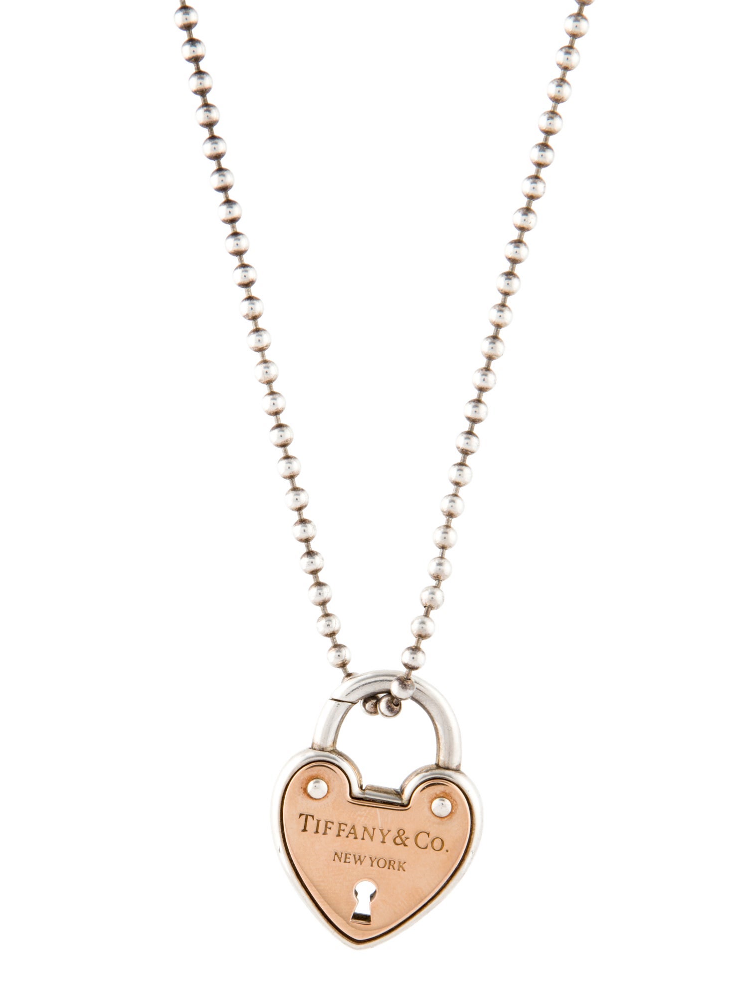 Tiffany & Co. Two-Tone Heart Lock Pendant Beaded Chain Necklace