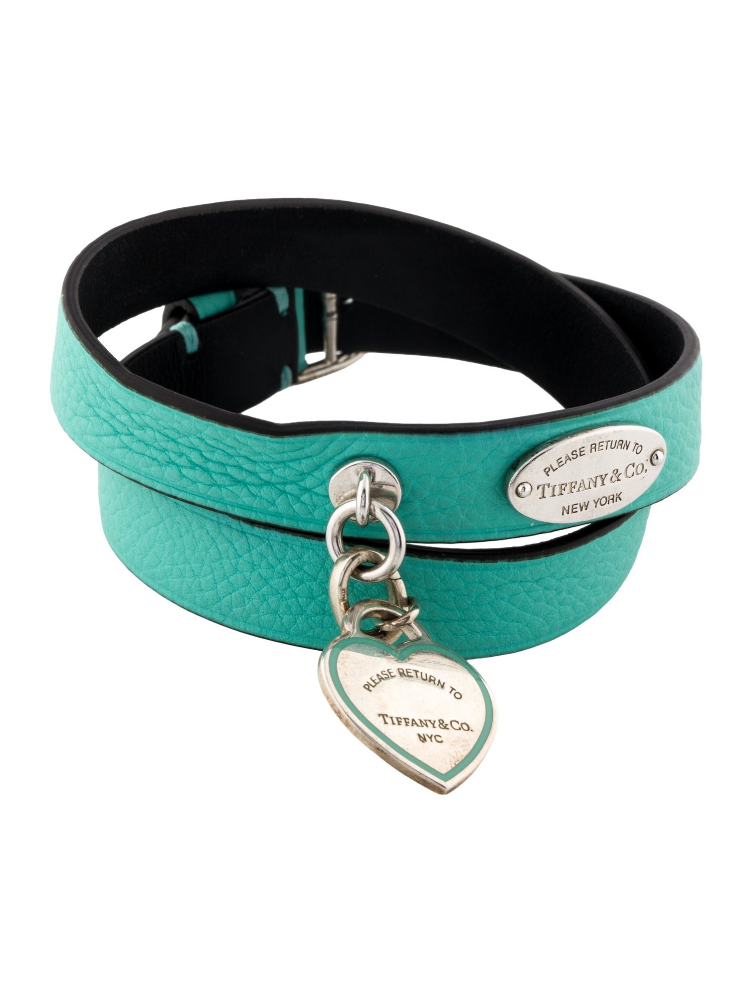 Tiffany & Co. Enamel Heart Tag Charm & Narrow Leather Double Wrap Bracelet