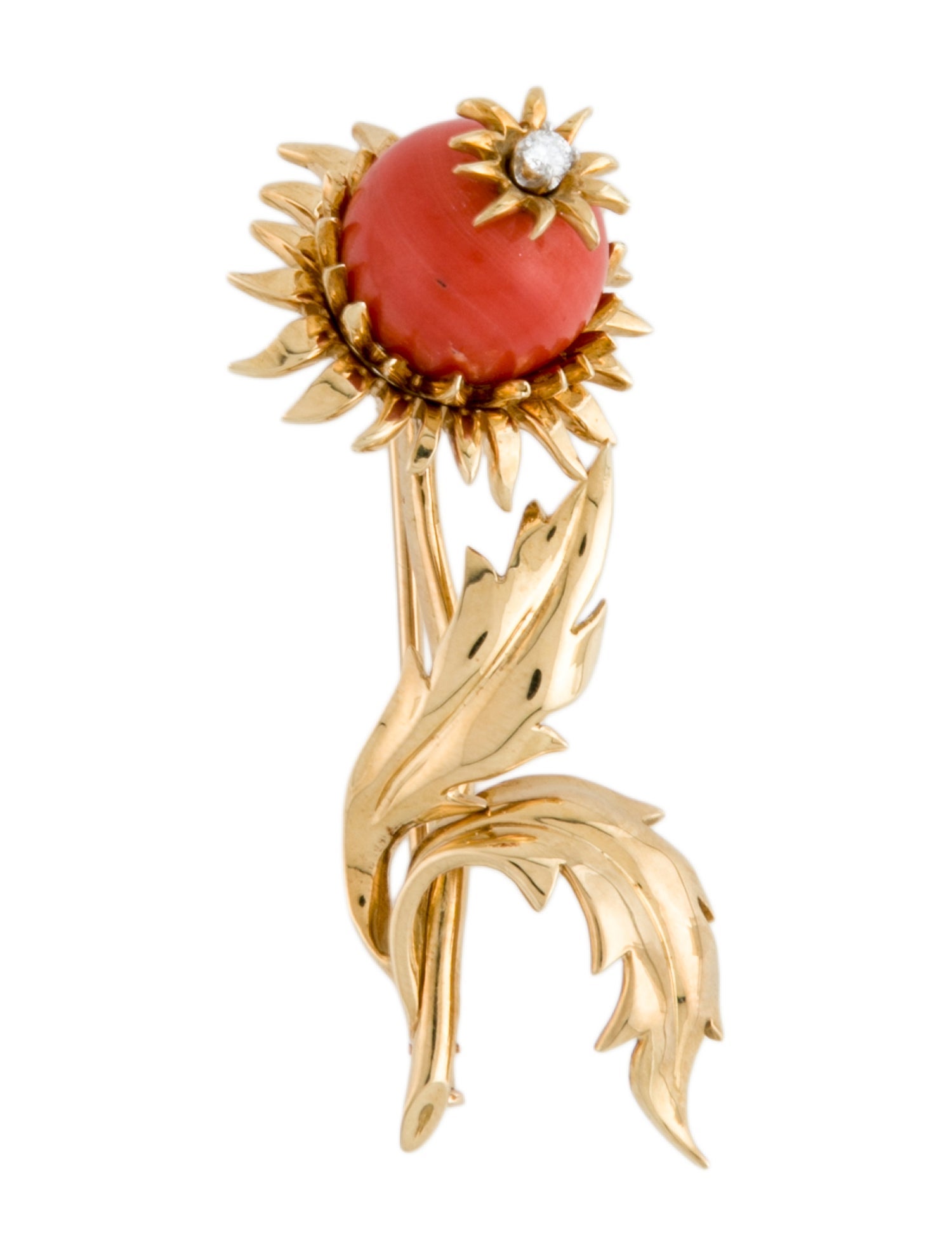 Tiffany & Co. 18K Coral & Diamond Schlumberger Flower Pin Brooch