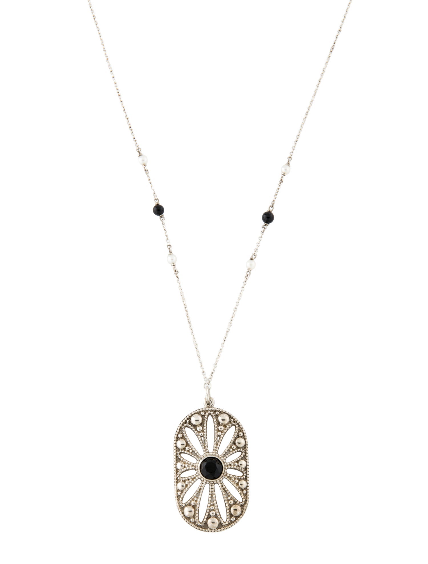 Tiffany & Co. Pearl & Onyx Daisy Pendant Necklace