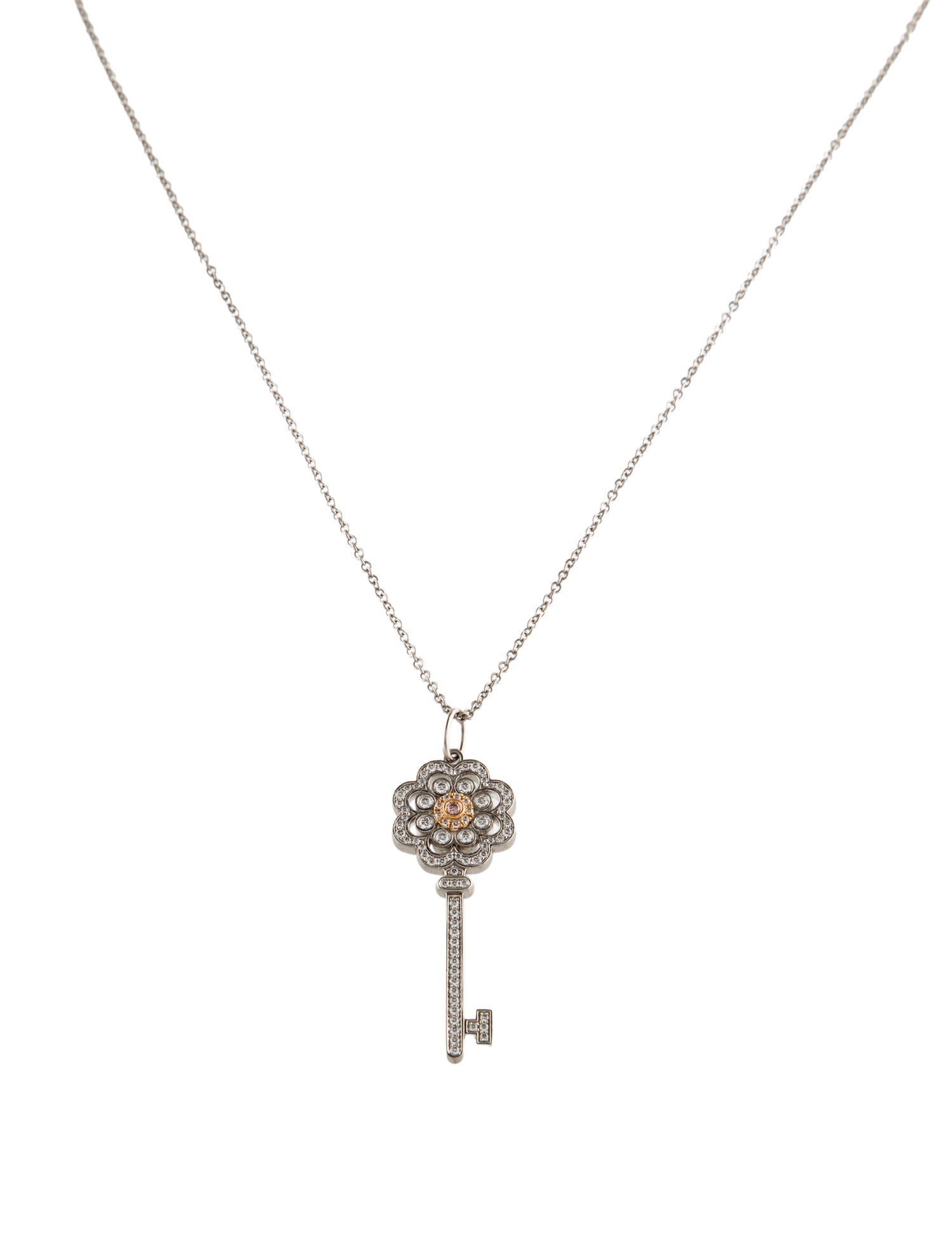 Tiffany & Co. Platinum Diamond Rose Key Pendant Necklace