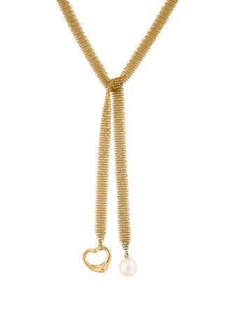 Tiffany & Co. 18K Pearl Open Heart Mesh Tie Necklace