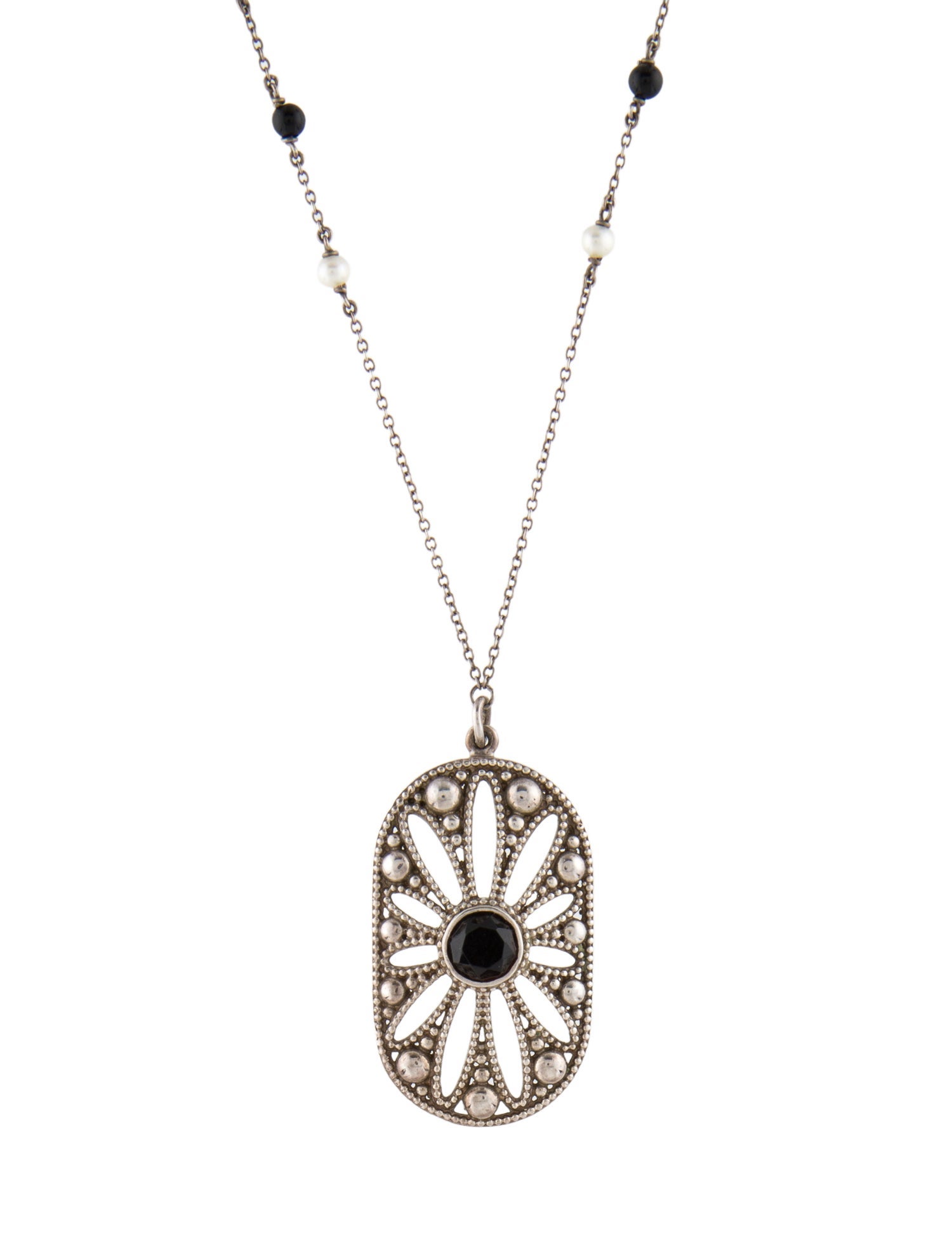 Tiffany & Co. Pearl & Onyx Daisy Pendant Necklace